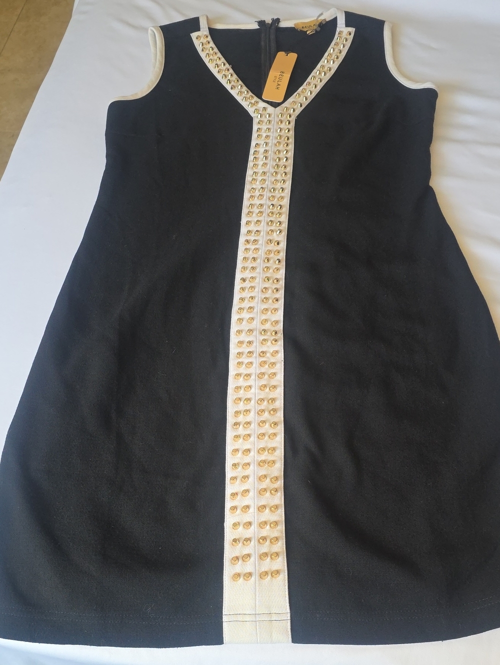 Beulah Black Shift Dress with Cream Trim & Gold Studs